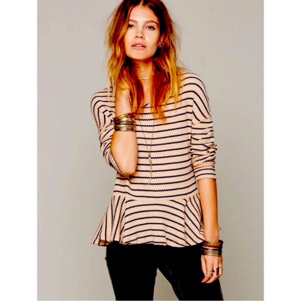 Free People Auntie Em Waffle Striped Thermal Top‎ in Tan.